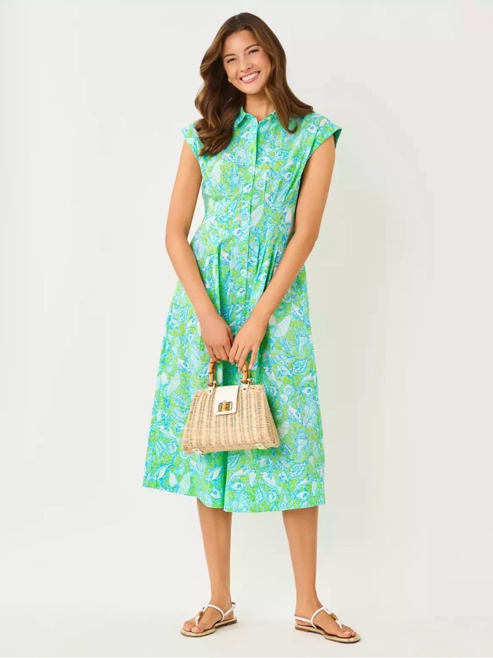 Lilly Pulitzer Green Blue Floral Midi Shirt DressLilly Pulitzer Tonya Poplin